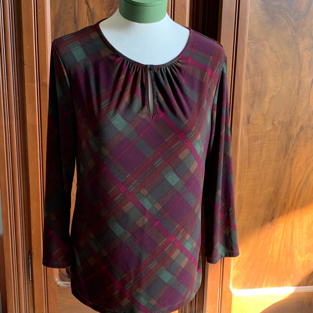 Chaps Plaid Blouse Purple Green